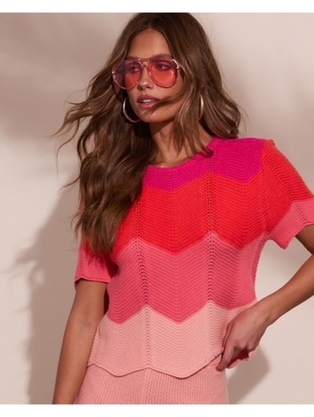 VICI Chevron Crochet Knit Short Sleeve Sweater Top Pink Orange Large Dopamine